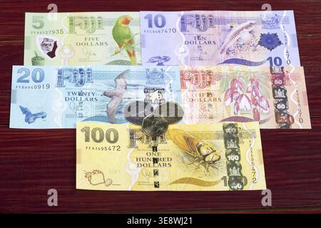 Fidschi-Geld - Dollar - Münzen und Banknoten Stockfoto