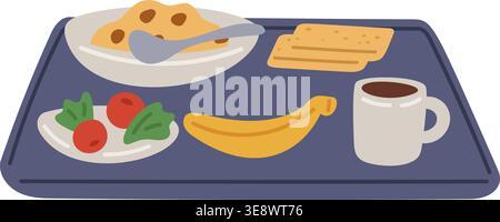 Tablett mit Schulfrühstück. Porridge Schüssel. Brotscheiben. Gemüsesalat. Bananenfrucht und Getränketasse. Gesunde Morgenmahlzeit. Mittagessen serviert Stock Vektor