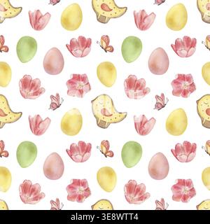 Nahtloses Ostermuster mit rosa, gelben, grünen Eiern, Tulpenknospen und Hühnerform. Aquarellillustration handgezeichnet im botanischen Stil Stockfoto