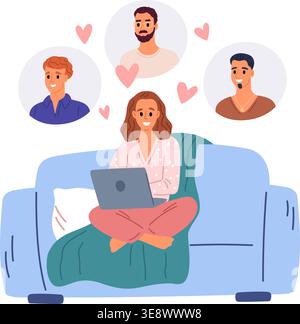 Die junge Frau kommuniziert mit verschiedenen Männern über die Dating-Bewerbung. Ein paar reden über Romantik. Freundin, die Freunde auswählt. Vektorkonzept der Suche Stock Vektor