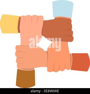 Vier verschlossene menschliche Hände. Menschen, die die Arme zusammenhalten. Gemeinschaft und Zusammenarbeit. Multiethnische Einheit. Unterstützung für Freunde. Zweisamkeit-Geste Stock Vektor