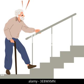 Ein älterer Mann mit Stock kann zu Hause keine Treppen steigen. Gesundheitliche Probleme mit der Mobilität im Alter. Großeltern gehen mit Mühe. Das Leiden des Großvaters Stock Vektor