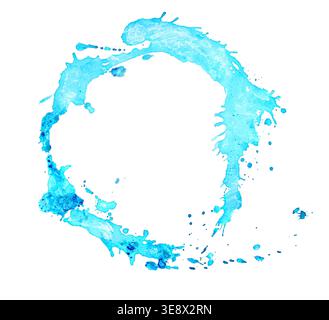 Abstrakte Aquarellspritzer und Spritzer isoliert auf weißem Hintergrund. Blauer, von Hand gezeichneter Aquarellfleck. Stockfoto