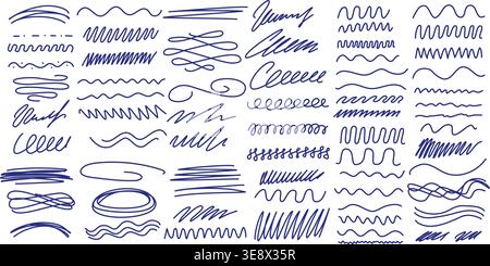 Linien, gerade Linien, Wellen, Zickzack und Konturen, handgezeichnetes blaues Tintenset. Textmarker, Unterstrichen, Rahmen, Trennzeichen, Doodle-Stil. Elemente für Terminkalender Stock Vektor