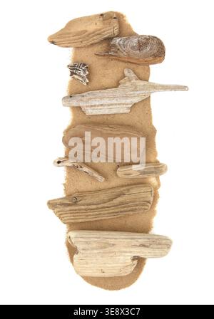 Treibholz auf Sand isoliert auf weißem Hintergrund. Stücke von Küste verwittertem Holz auf Sandhaufen, Blick von oben. Stockfoto