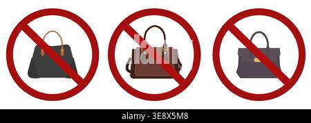 Vektorsatz mit Verbotsschildern. Handgepäck verboten. Taschen sind verboten. Sammlung von Informationsaufklebern für Abzeichen und Banner. Stock Vektor