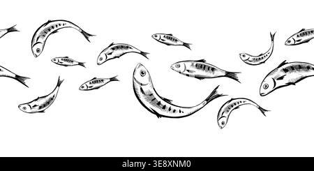 Sardinenfisch nahtlose Grenze in minimalistischer schwarz-weißer Vektorlinie Kunst. Wiederholte Fischschule für mediterrane Lebensmittel, Meeresfrüchte-Menü Stock Vektor