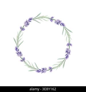 Lavendelkranz Aquarell isolierte Illustration. Realistischer Blumenrahmen mit violetten Blüten und grünen Blättern Stickerschablone mit Kopierraum Stockfoto