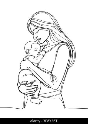 Minimalistische, durchgehende Liniendarstellung einer Frau, die ihr schlafendes Baby hält und die sanfte Natur der Erziehung und des mütterlichen Instinkts betont. Stockfoto