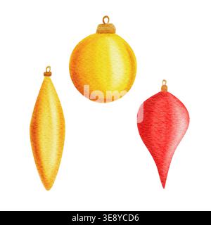 Farbenfrohe Weihnachtsspielzeug mit drei Figuren in Rot- und Gelbtönen in festlichem Stil. Stockfoto