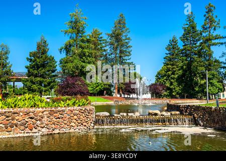 Ein malerischer Blick auf den Teich und den Brunnen, umgeben von Mammutbäumen und üppiger Landschaft im Central Park in Santa Clara, Silicon Valley, Kalifornien. Stockfoto