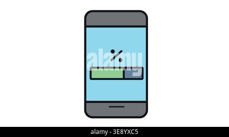Symbol für Aktualisierung der Smartphone-Software und Ladefortschritt: Telefon mit Prozentbalken auf dem Bildschirm, sanften Farben, flacher Füllung und schwarzer Vektorgrafik. Stock Vektor