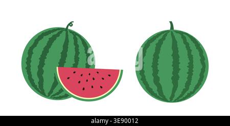 Sommer frische Wassermelone Frucht flache Vektor Illustration Set. Ganze Wassermelonen- Und Wassermelonenscheiben Set. Weißer Hintergrund. Stock Vektor