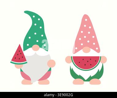 Niedlicher Sommer Gnome, Der Wassermelonen-Frucht-Flacher Cartoon-Vektor-Illustration-Satz Hält. Entzückender Gnome-Charakter Mit Wassermelonen-Motiv. Stock Vektor