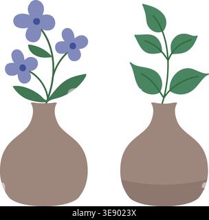 Vase gefüllt mit Blumen und grünen Blättern Clipart Set. Blumenstrauß in Vase flache Vektor-Illustration. Stock Vektor