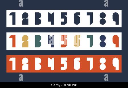 Bauhaus-Stilnummer in drei Farbvarianten mit geometrischer modularer Schriftart auf dunklem Hintergrund Stock Vektor