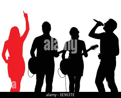 Silhouette der Musikband, die mit Sängergitarristen und Tanzenden Frauen auftritt Stock Vektor