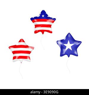 Sternförmige Ballons im amerikanischen patriotischen Design isoliert. Helium-Ballon-Set mit Stern- und Streifenmuster im USA-Flaggenmuster. Nationale US-Feiertagsdekorationen Stock Vektor