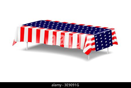 Großer Tisch mit Metallbeinen, bedeckt mit amerikanischem amerikanischem amerikanischem, patriotischem Design, Tischtuch und Läufer. Langer Schreibtisch mit Stern- und Streifenmuster im Stil der US-Flagge Stock Vektor