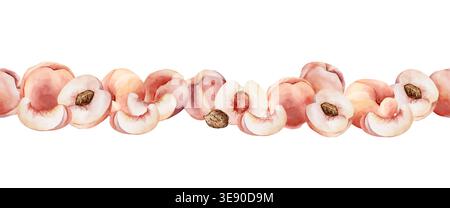 Pink Pfirsiche Nahtlose Grenze Sommer Saftige Reife Früchte. Aquarell Hand gezeichnete Blumenküche Illustration lokalisiert auf weißem Hintergrund für Hauptküche te Stockfoto
