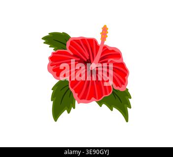 Bunte tropische Hibiskus-Vektorblume. Aufkleber, Dekor, Clipart, Poster, Aufkleber, Vorlage. Blume mit grünen Blättern Stock Vektor