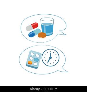 Flache Vektor-Illustration, die Pillen mit einem Glas Wasser und eine Blisterpackung mit einer Uhr in Sprechblasen zeigt, die medizinische Beratung und Timing darstellen Stock Vektor