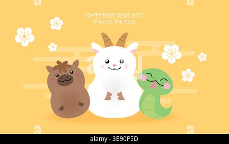 Niedliche chinesische Neujahrsfiguren. Chinesisches Tierkreiszeichen Ziege, Pferd und Schlange anlässlich des Neujahrs der Ziege 2027. Stock Vektor
