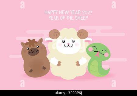 Niedliche chinesische Neujahrsfiguren. Horizontale Grußkartenvorlage für Chinesisches Neujahr der Schafe oder RAM 2027 im niedlichen Cartoonstil. Stock Vektor