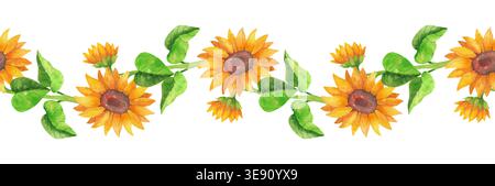 Helle Sonnenblumen mit grünen Blättern, nahtloser Aquarellrahmen. Handgezeichnete gelbe Blumen im rustikalen Stil für Plakate, Layouts, Karten und Stockfoto