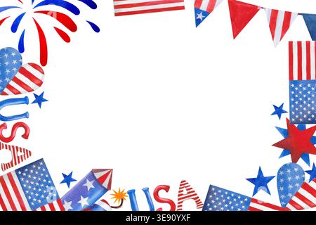 Rahmen des amerikanischen Unabhängigkeitstages mit einer Flagge, Feuerwerkskörpern und Girlande. Handgezeichnete Aquarellillustration für Karten, Abzüge und Poster. Stockfoto