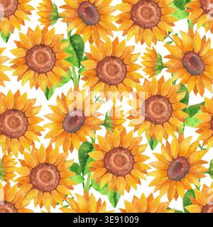 Bunte gelbe Sonnenblumen mit grünen Blättern, nahtloses Aquarellmuster. Die handgezeichnete Illustration zeigt lebendige, rustikale Blumen, perfekt für Fabri Stockfoto