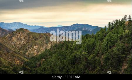 Mehrschichtige Bergkämme im Angeles National Forest California mit sanftem Licht und atmosphärischer Tiefe Stockfoto