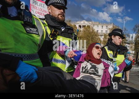 Ein Demonstrant wird auf dem Trafalgar-Platz bei der verbotenen Gruppe Palestine Action verhaftet. Stockfoto