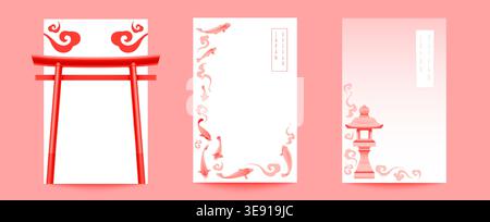 Japanische Karten mit Torii-Tor, Koi-Fisch und traditionellem Wolkenmotiv, orientalischer Vektor-Hintergrund. Authentische kulturelle Elemente, Plakate mit rotem Pagodenbogen und minimalistischem Design Stock Vektor
