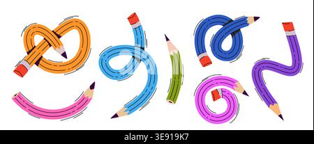 Niedliche verdrehte Schulstifte, Vektorsatz von Illustrationen isoliert auf weißem Hintergrund. Bunte flexible Schreibwaren-Ikonen mit Kurvenformen für Bildungsprojekte für Kinder, Comic-Art-Design-Elemente Stock Vektor