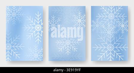 Elegante Winterposter mit Schneeflocken auf blauem Hintergrund. Vektor-realistische Illustration abstrakter fallender Eiskristalle, weiche, verschwommene Hintergrundtextur, saisonale Begrüßungsbanner Stock Vektor