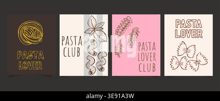 Pasta Lovers Club Poster Set, Cartoon Vektor Hintergrund. Köstliche Pasta-Illustration mit italienischen Spaghetti und skurrilen Doodle-Ikonen für das Restaurantmenü oder Küchendekor mit Vintage-Charme. Stock Vektor