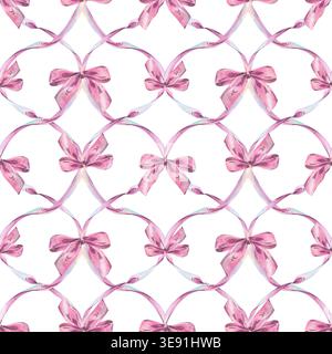 Nahtloses Muster mit pinken Schleifen und Bändern in Aquarellfarben. Handgezeichnete Illustration von dekorativen Satinknoten und verschlungenen Linien. Feminines Textil Stockfoto
