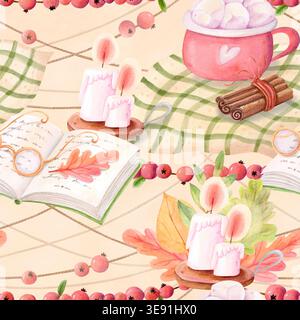 Aquarellmuster im Herbst mit heißer Schokolade, Kerzen, Buch und Gewürzen. Gemütliche Hygge Herbst Hintergrund Illustration Stockfoto