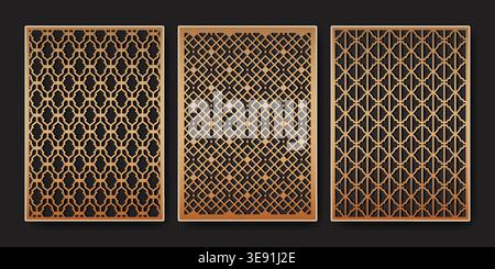 Lasergeschnittene geometrische Muster, abstrakte Vektorhintergründe. CNC-Holzplatten, -Schablonen und moderne dekorative Wandkunst mit dekorativen Griffelementen, eleganten Randschablonen, islamischen Rahmen Stock Vektor