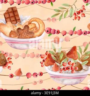 Aquarellmuster mit Beeren, Keksen, Pilzen, Schokolade und gemütlichen Schüsseln, warmer Herbsternte und Desserthintergrund. Stockfoto