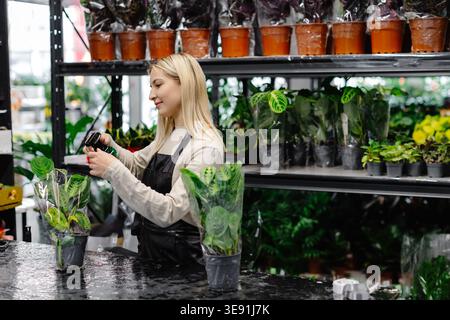 Florist pflegt Pflanzen, sprüht Wasser auf Topfpflanzen in einem Blumenladen, umgeben von Regalen voller verschiedener Pflanzen Stockfoto