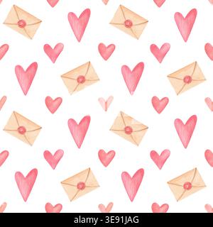 Nahtloses valentinstag-Muster in Aquarellfarben mit Herzen und Umschlägen. Handgezeichneter süßer romantischer Hintergrund für Karten, Geschenkpapier Stockfoto