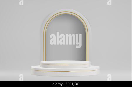 Weißes 3D-Podium mit elegantem Bogenhintergrund, realistischem Vektorhintergrund. Minimalistische Präsentationsplattform für luxuriöse Präsentationen in sauberen Studioräumen, weiche Schatten. Leerer Sockel mit goldener Linie Stock Vektor