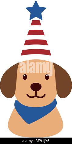 Hund mit patriotischem Partyhut. Niedlicher Hund trägt USA Party Zubehör Vektor-Illustration. 4. Juli Tierkostüm Clipart. Stock Vektor