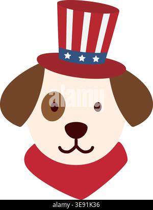 Hund Trägt Onkel Sam Hut. Niedlicher Hund trägt USA Party Zubehör Vektor-Illustration. 4. Juli Tierkostüm Clipart. Stock Vektor