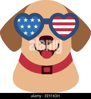 Hund trägt amerikanische Flagge Herz Sonnenbrille netter Hund trägt USA Party Zubehör Vektor-Illustration. 4. Juli Tierkostüm Clipart. Stock Vektor