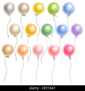 Set aus wasserfarbenen runden Ballons auf langen Strängen auf weißem Hintergrund. Festliches und verspieltes Design für Geburtstagskarten, Einladungen, Partydekora Stockfoto