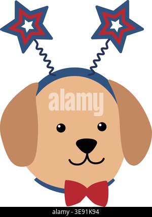 Hund Mit Patriotischem Stirnband. Niedlicher Hund trägt USA Party Zubehör Vektor-Illustration. 4. Juli Tierkostüm Clipart. Stock Vektor