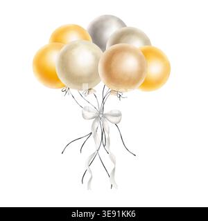 Ein Haufen Aquarellballons in Beige, Gold und Grau auf transparentem Hintergrund. Handgezeichnete Abbildung Stockfoto